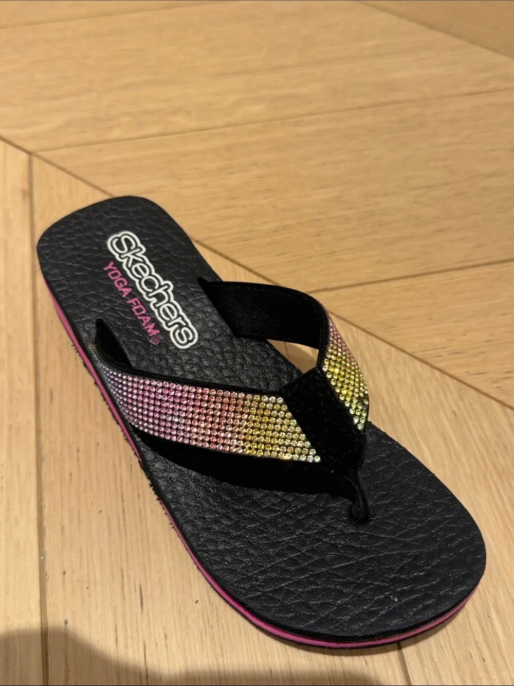 Skechers Yoga Foam Rhinestone Platform Flip Flops – Black Rainbow
